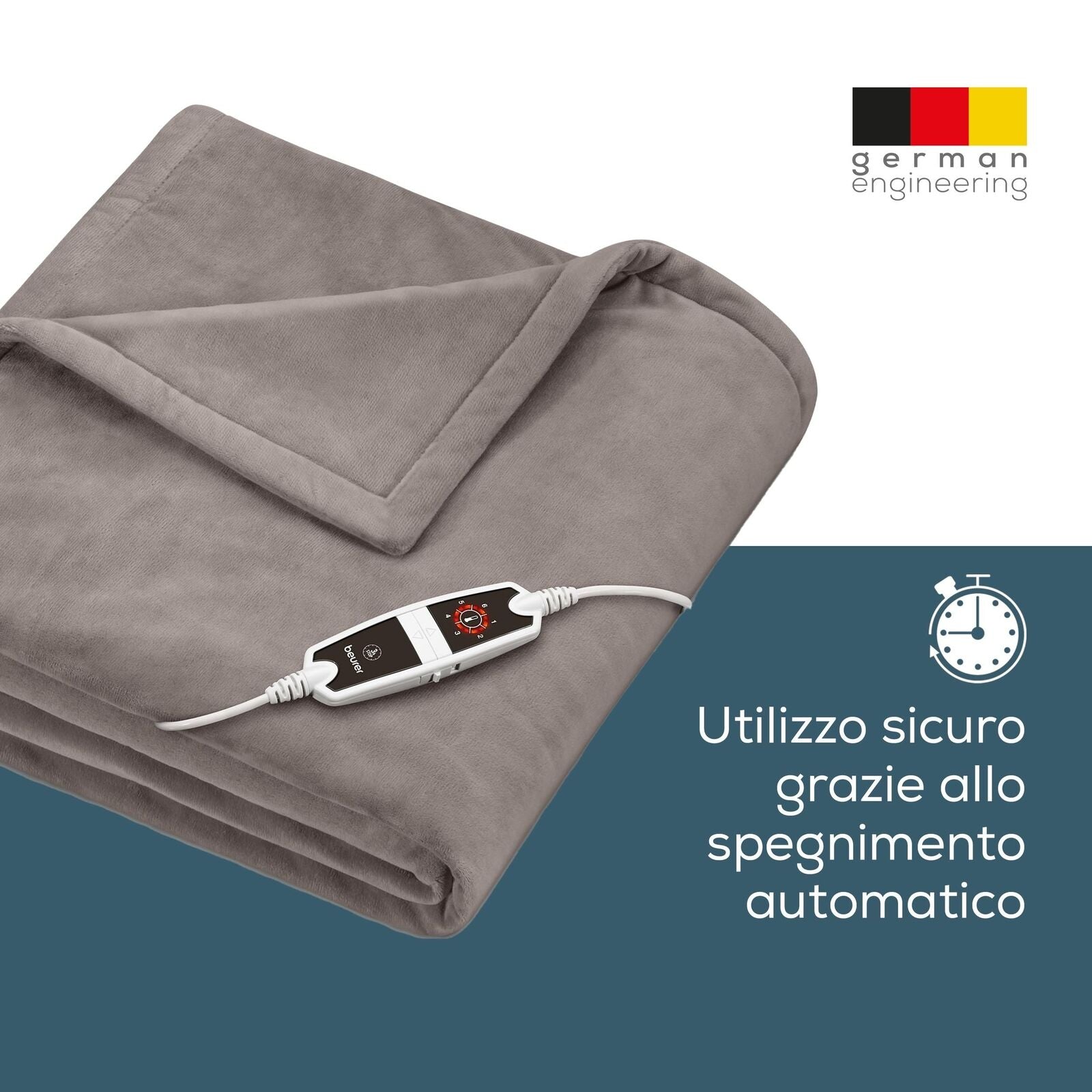 Beurer Coperta elettrica HD 150 XXL, termocoperta elettrica con spegnimento automatico, 200 x 150 cm, 6 impostazioni di temperatura, lavabile in lavatrice, morbida coperta, tortora