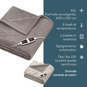 Beurer Coperta elettrica HD 150 XXL, termocoperta elettrica con spegnimento automatico, 200 x 150 cm, 6 impostazioni di temperatura, lavabile in lavatrice, morbida coperta, tortora
