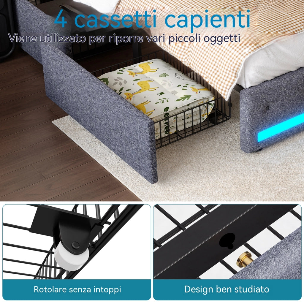 Letto matrimoniale contenitore 160x200 cm con testiera regolabile LED e porte USB struttura letto con 4 cassetti in legno lino grigio