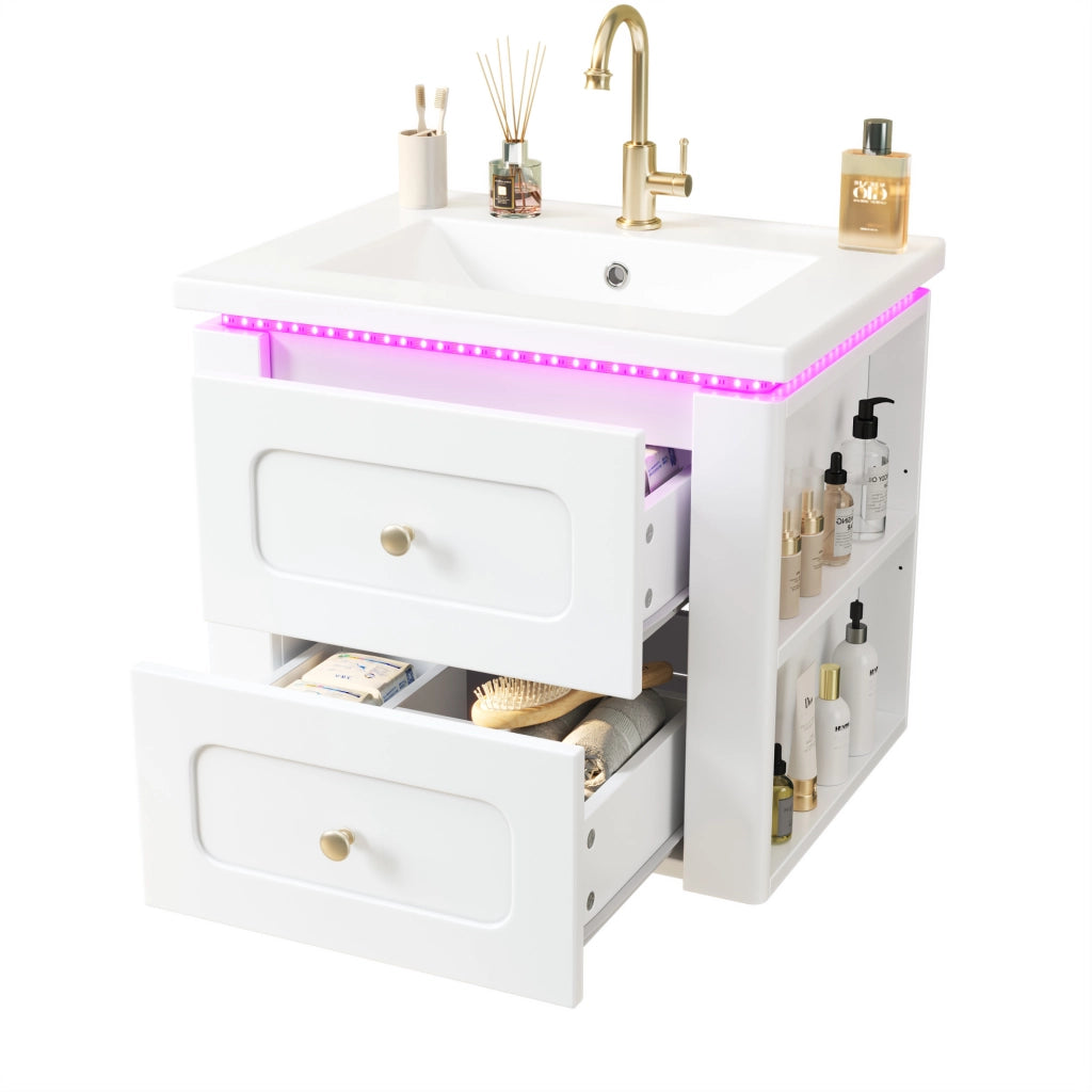 Mobile bagno sospeso da 61 cm con LED; 2 cassetti e lavabo in ceramica