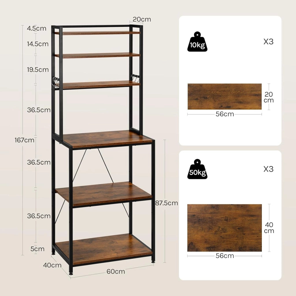 Scaffale da Cucina con 6 Ripiani, Scaffale per Microonde con 6 Ganci, Struttura in Metallo, Legno Ingegnerizzato, 60x40x167cm, Marrone Rustico+Nero