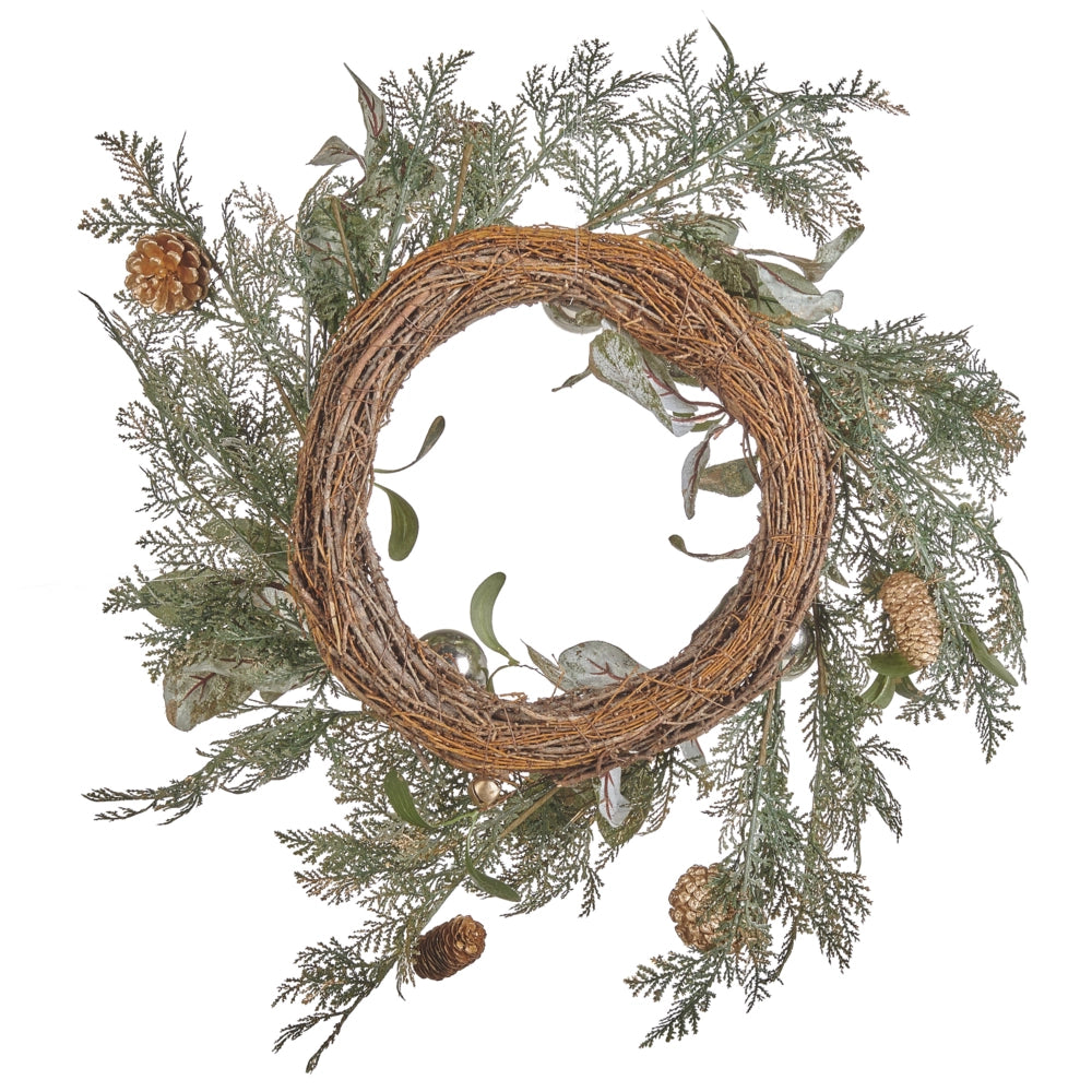 Ghirlanda di natale verde oro materiale sintetico 45 cm pigne palline di neve design tradizionale rotondo