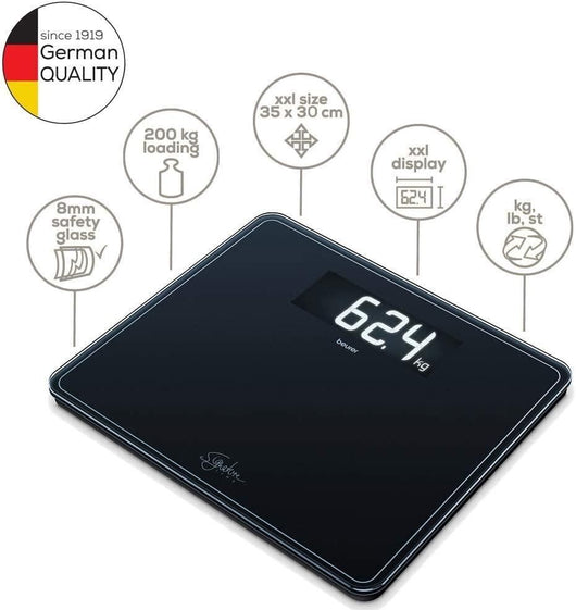 Beurer GS 410 Signature Line Black Bilancia in Vetro XXL con Portata fino a 200 kg, 35 x 30 cm, Nero