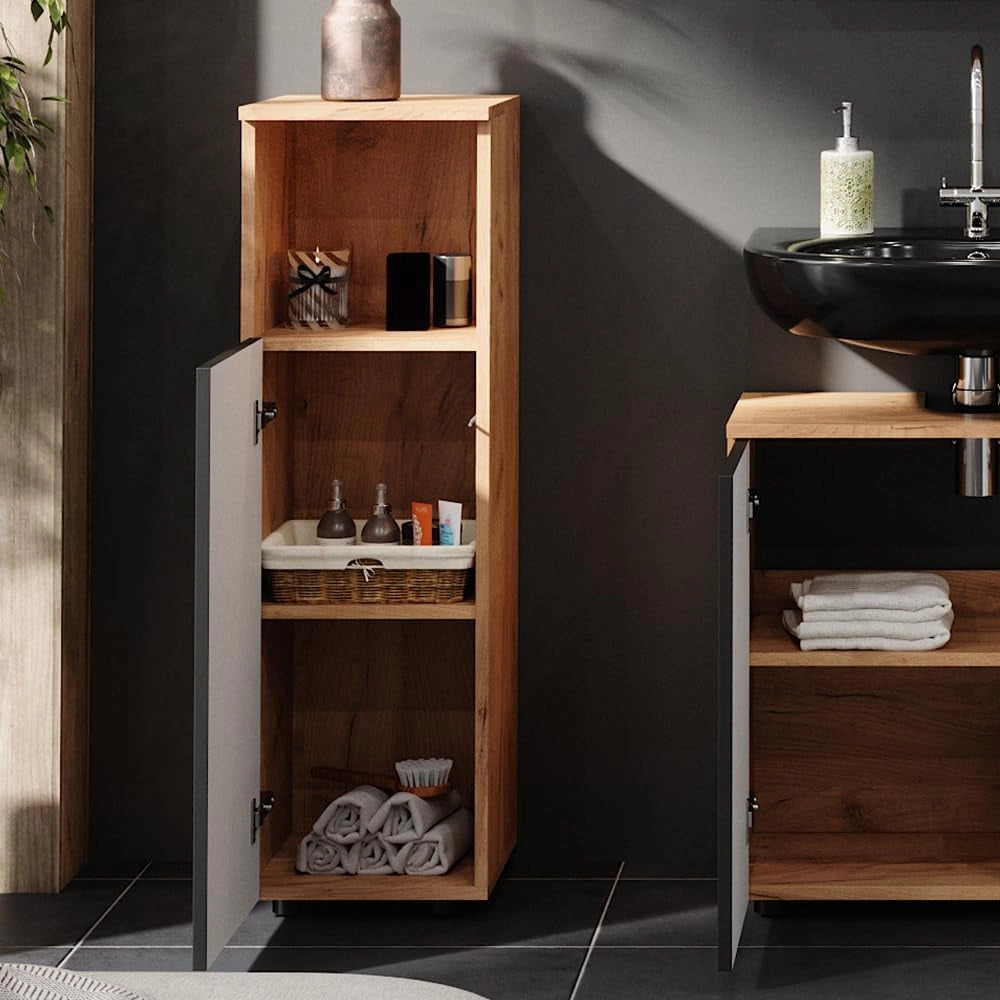 Mobile midi Irma, Antracite puntinato, 30 x 95 cm, per la conservazione di accessori da bagno e combinabile con Irma