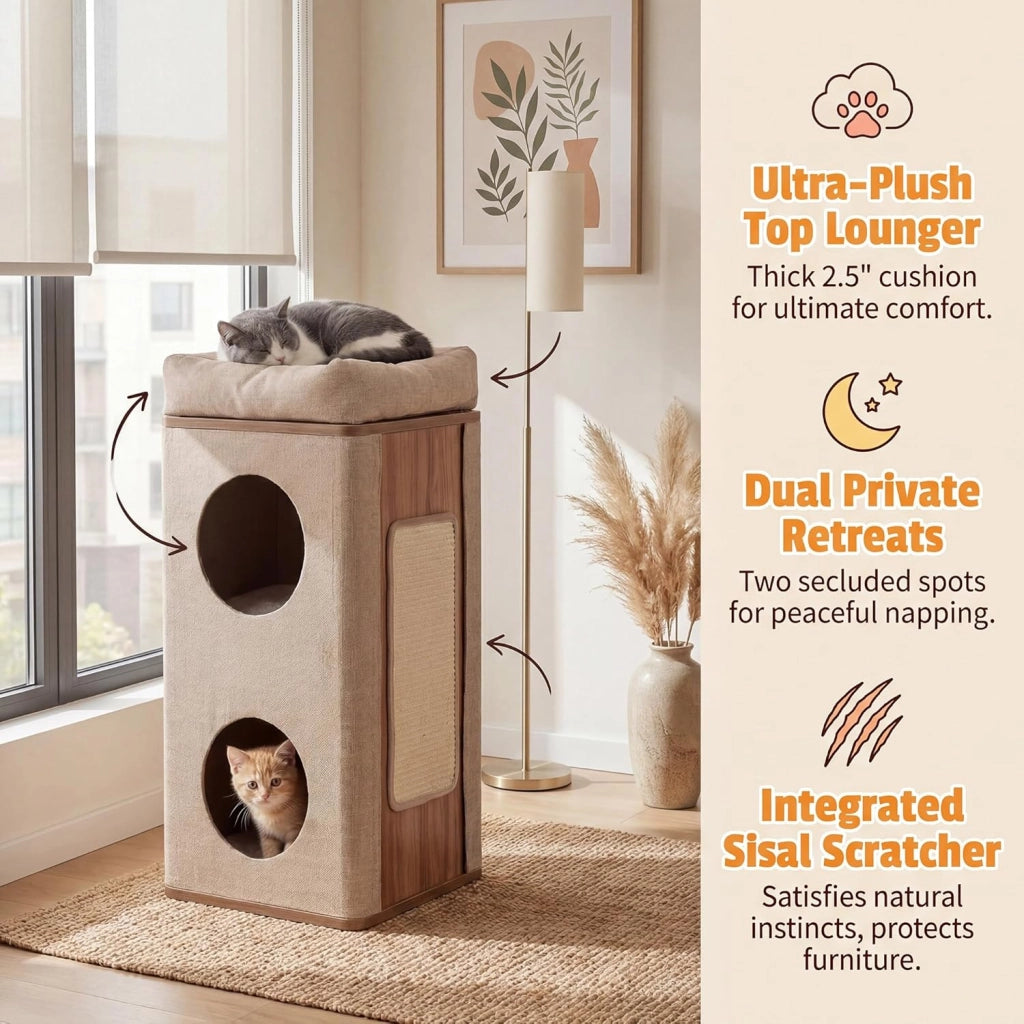 Tiragraffi per Gatti a Torre 77,5 cm, 3 Piani con 2 Grotte, Cuccia Albero per Gatti con Piastra Tiragraffi, Copertura Rimovibile e Cuscino, Tubo Stabile Ø38, Beige e Naturale