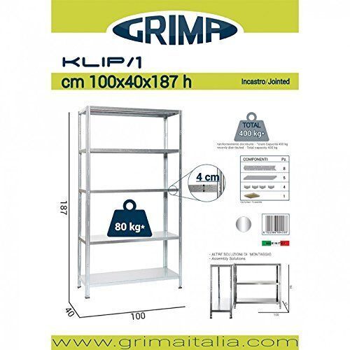 Grima Scaffale Incastro Zincato 5 Ripiani Portata 400kg 100X40X186 Cm