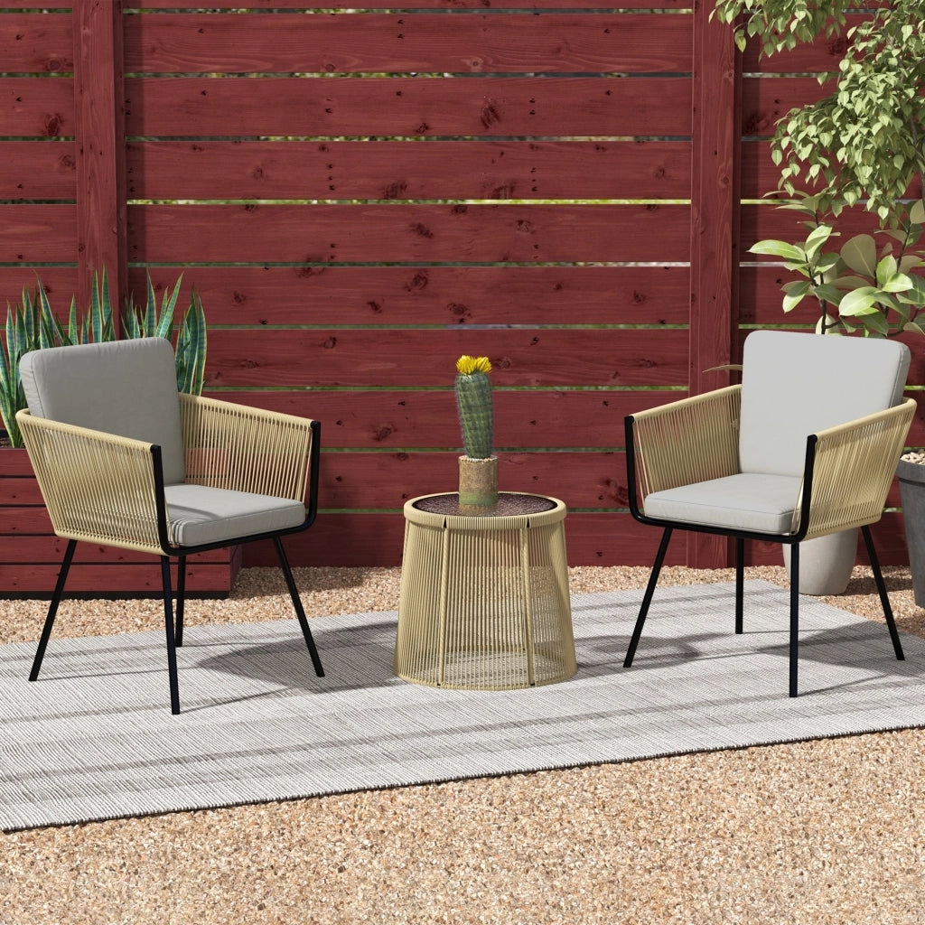 Set da Giardino 2 Sedie in Stile Boho e Tavolino in Vetro in Rattan Caffè