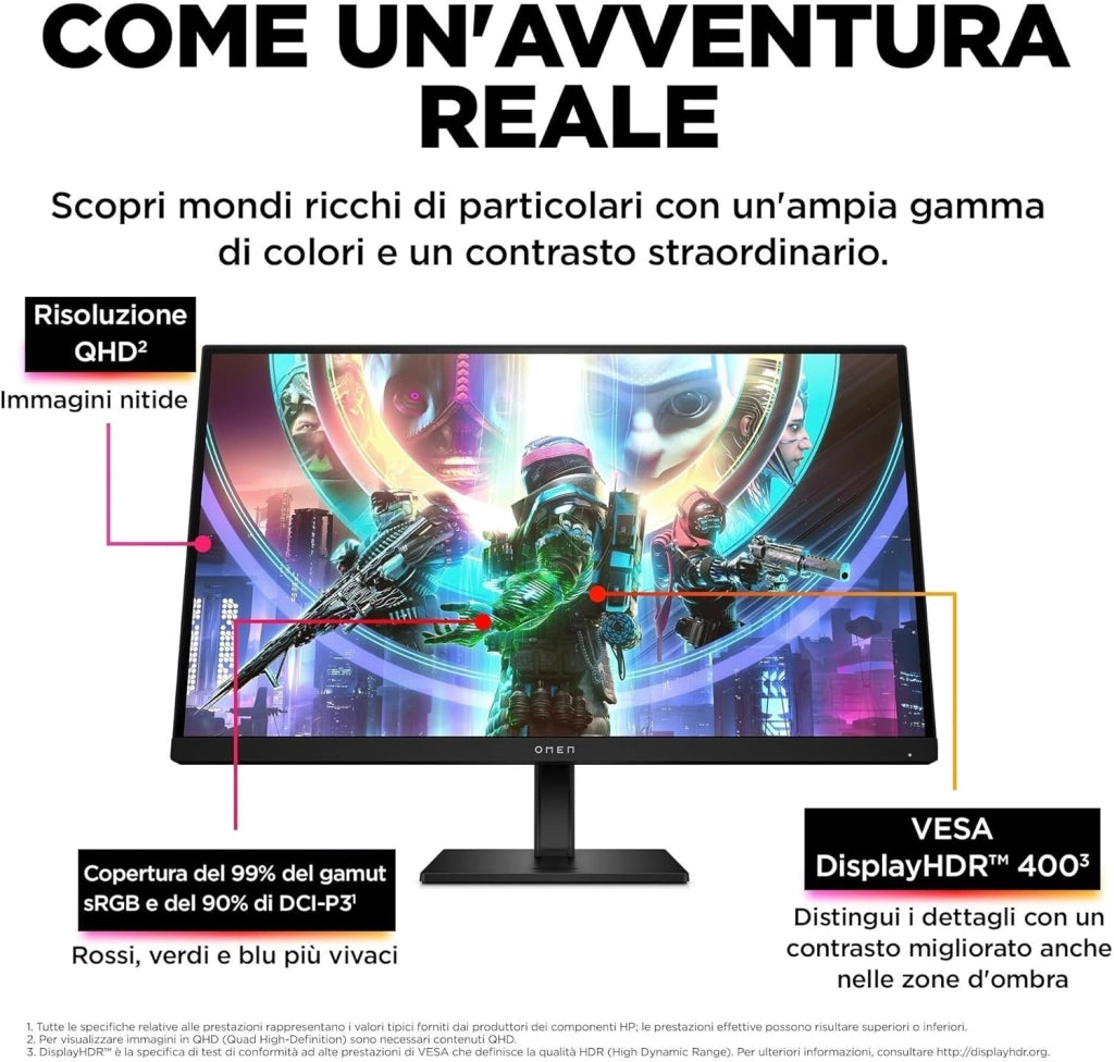 OMEN 27qs Monitor da 27 Pollici, Pannello IPS da 16:9 QHD da 240 Hz, 1 ms, Display HDR 400, Antiriflesso, 400 Nits, AMD FreeSync, NVIDIA G-SYNC, VESA 100x100 mm, HDMI 2.0, USB-A e B