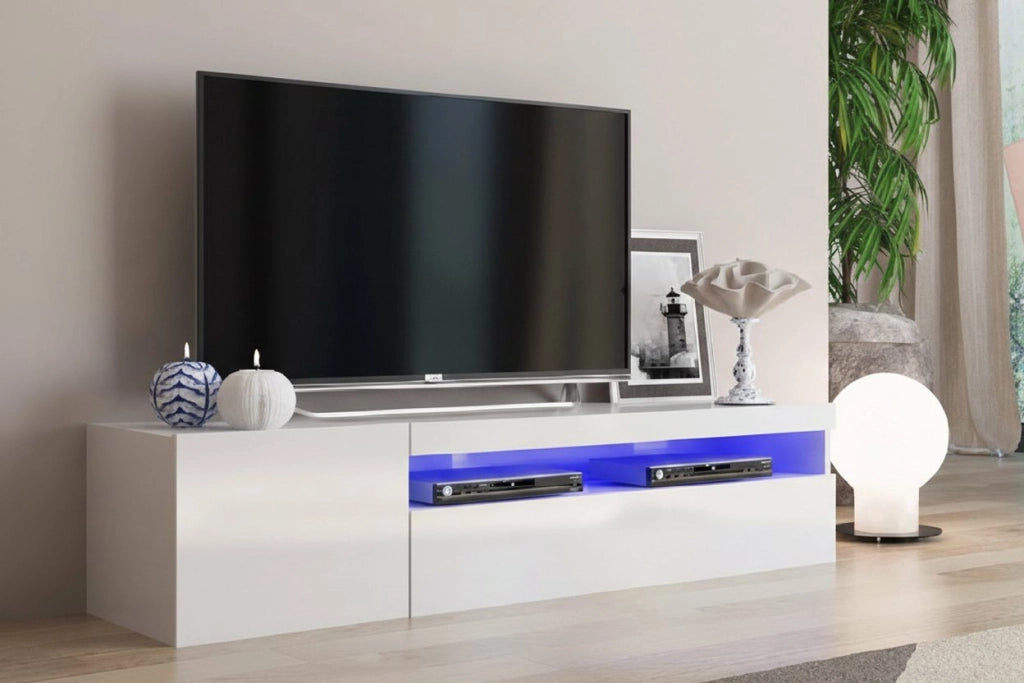 Mobile da soggiorno Porta Ardy, Made in Italy, Credenza per Ardy a 2 ante, Porta Ardy da salotto, cm 150x40h37, Bianco lucido, con luce LED blu