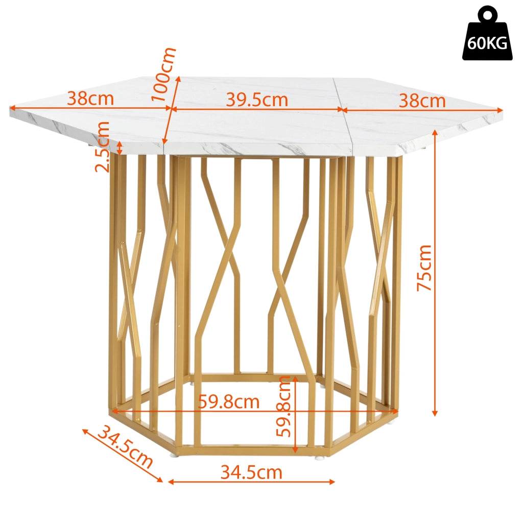 Tavolo da pranzo esagonale con piano effetto marmo e base in metallo, per soggiorno, 115,5 × 100 × 75 cm