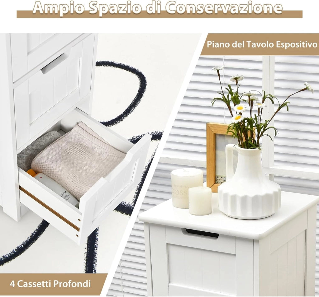 Mobile da Bagno con 4 Cassetti, Mobile Autoportante da Terra per Bagno, Mobiletto Multiuso da Soggiorno Cucina Camera da Letto Ufficio, Stile Moderno, Bianco, 30 x 30 x 83 cm