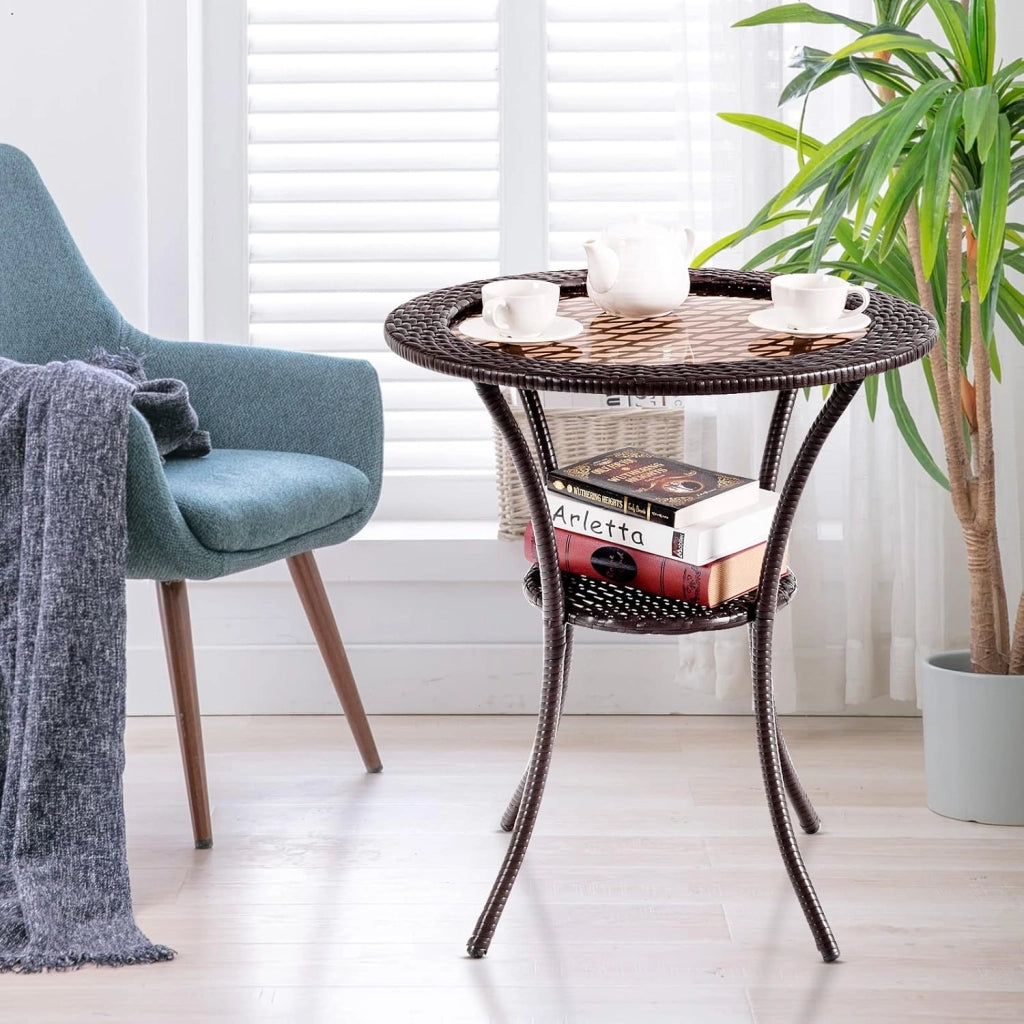 Tavolo Appoggio da Giardino, a 2 Ripiani, Rotondo, Tavolino Esterno in Rattan e Vetro, Resistente all'Intemperie, Portata di 35 kg, per Piscina/Patio/Balcone, 64 x 71,5 cm
