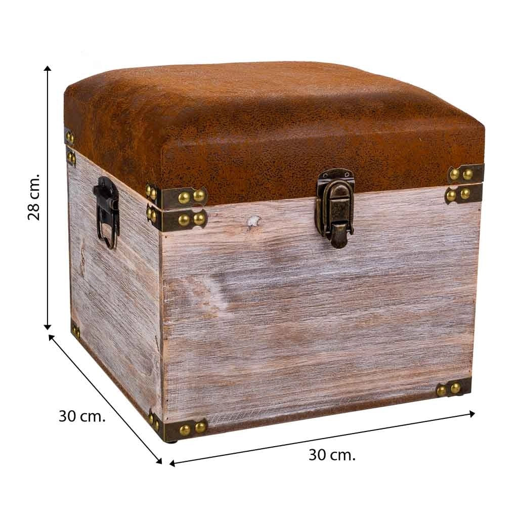 Sgabello con cassetti in legno e similpelle marrone 30x30x28h