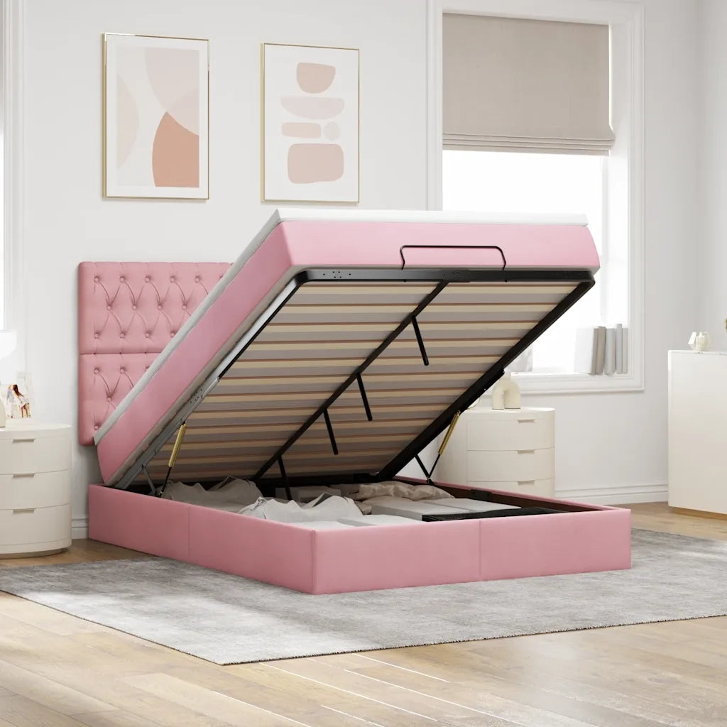 Struttura Letto Pouf con Materassi Rosa 140x200 cm in Velluto 3313552
