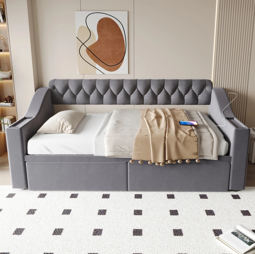 Divano letto imbottito 90x190 cm in velluto grigio con contenitore; USB e USB-C
