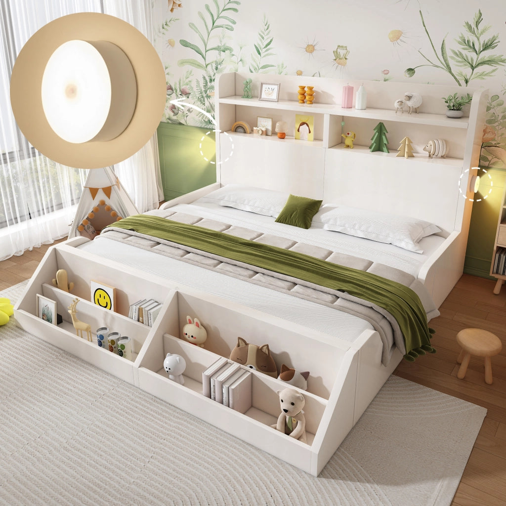 LETTO 140x200 cm Bianco in legno con libreria e luci notturne