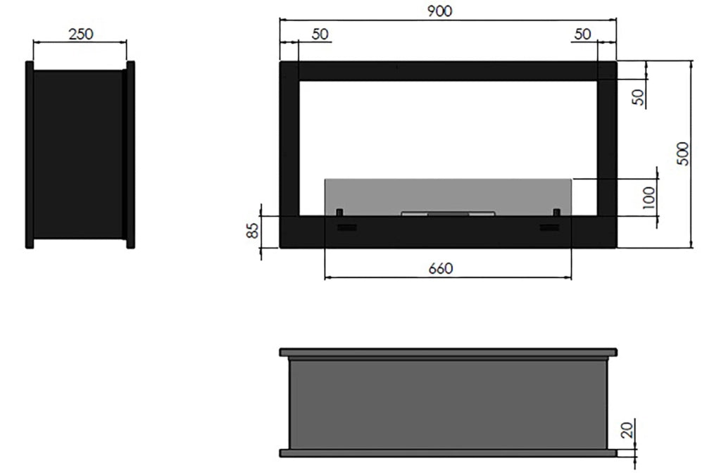Camino a Bioetanolo da Incasso 90x50 cm Bifacciale 2 Side 900 Nero con Vetro