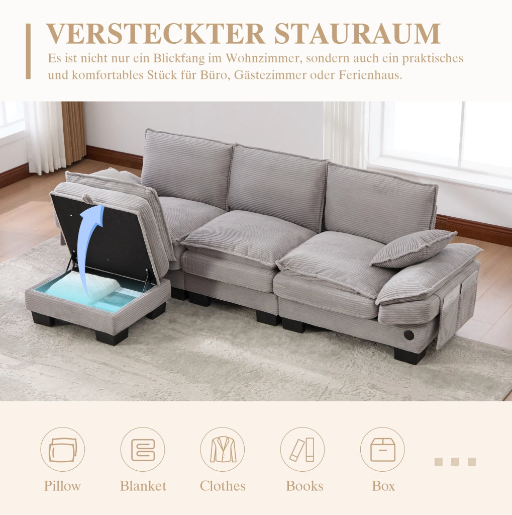 Divano modulare 3 posti con pouf; velluto a coste; USB-C; grigio chiaro