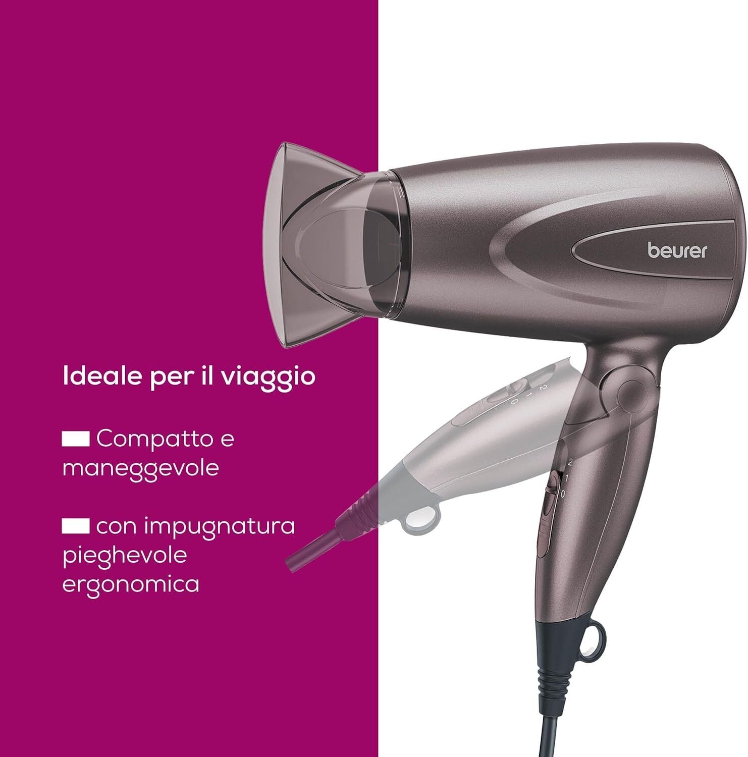 Beurer Asciugacapelli HC 17, Phon Compatto e Pieghevole 2 Livelli di Riscaldamento e Ventola, 1300 Watt, con Bocchetta Professionale e Anello per Appenderlo Comodamente