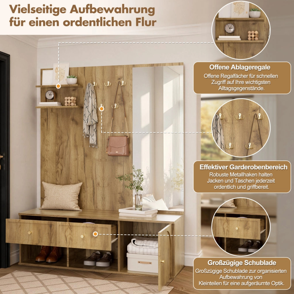 Set guardaroba multifunzione da ingresso con specchio e 5 ganci