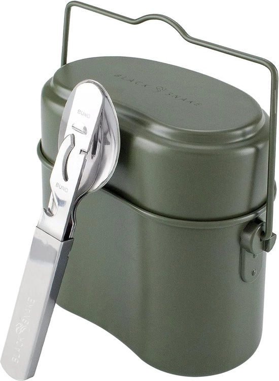 Set di servizio, posate e accessori da cucina in alluminio come utilizzati dall'esercito