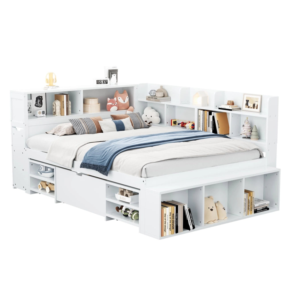 OKWISH Letto Bambini 140×200 cm, Letto Singolo con 1 Cassetto, Libreria e Armadietti, senza Materasso, in Multistrato, Bianco