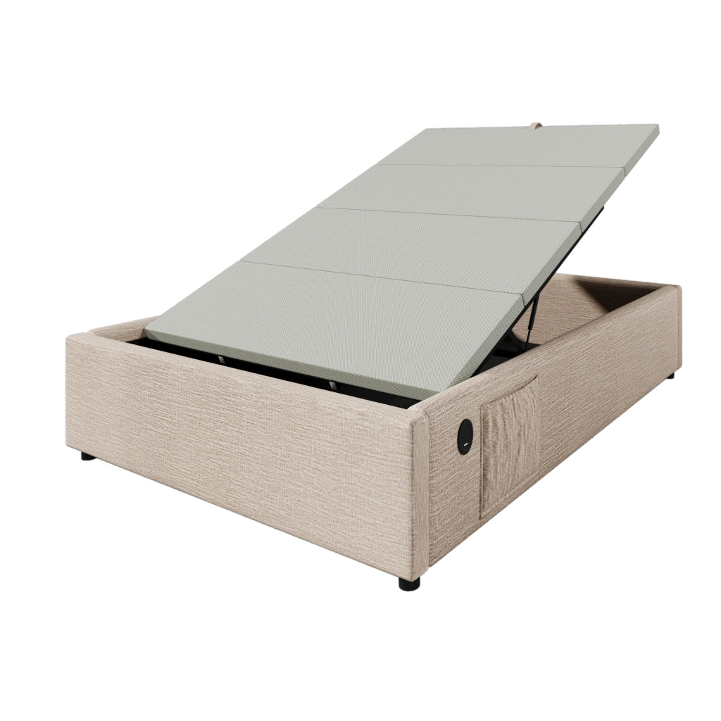 Letto imbottito 90x200 cm con contenitore, USB Type-C, base in legno massello, senza testiera