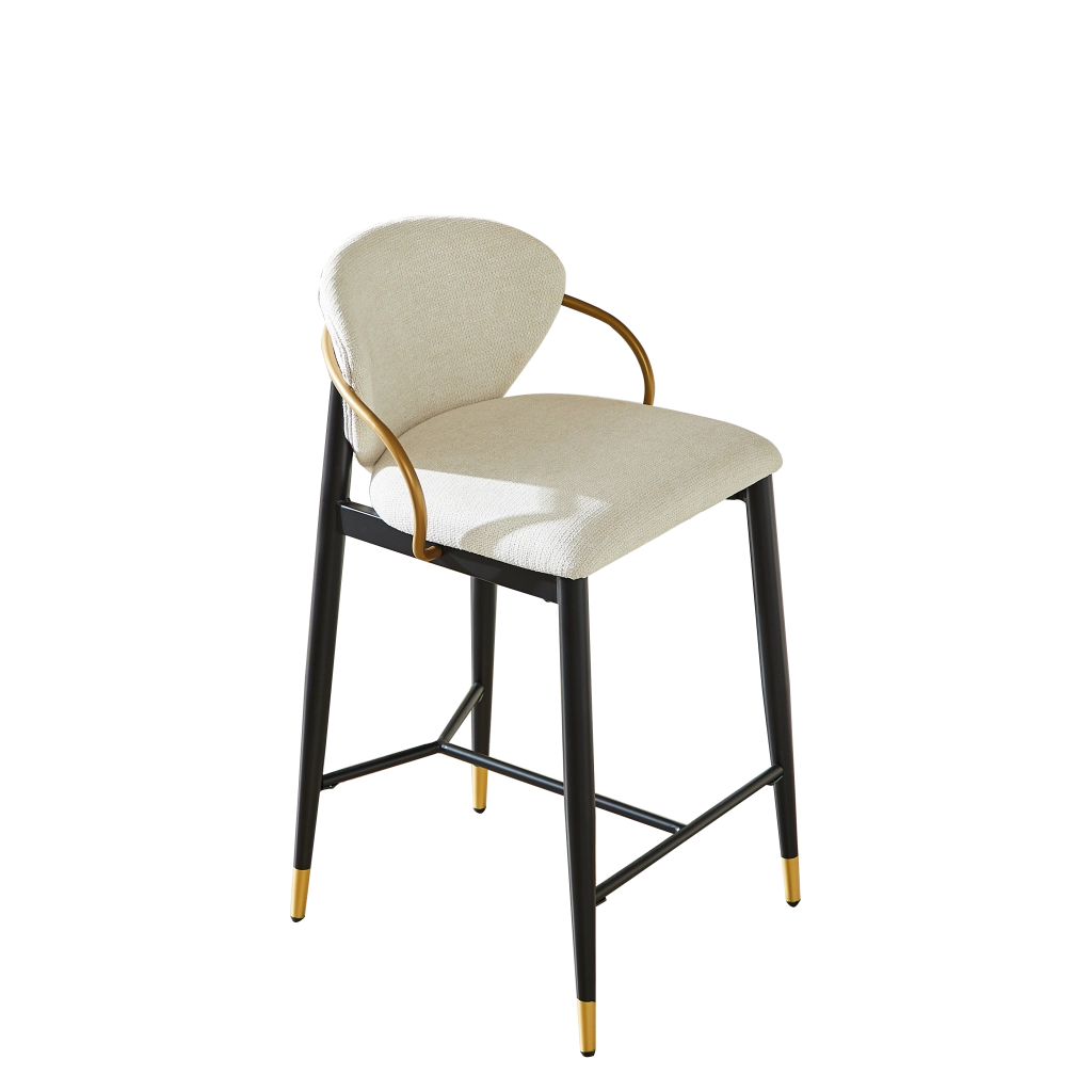Set 2 Sgabelli da Bar ¨C MINIMAL ¨C Velluto Chenille Beige, Nero, Oro, Schienale, Altezza Regolabile