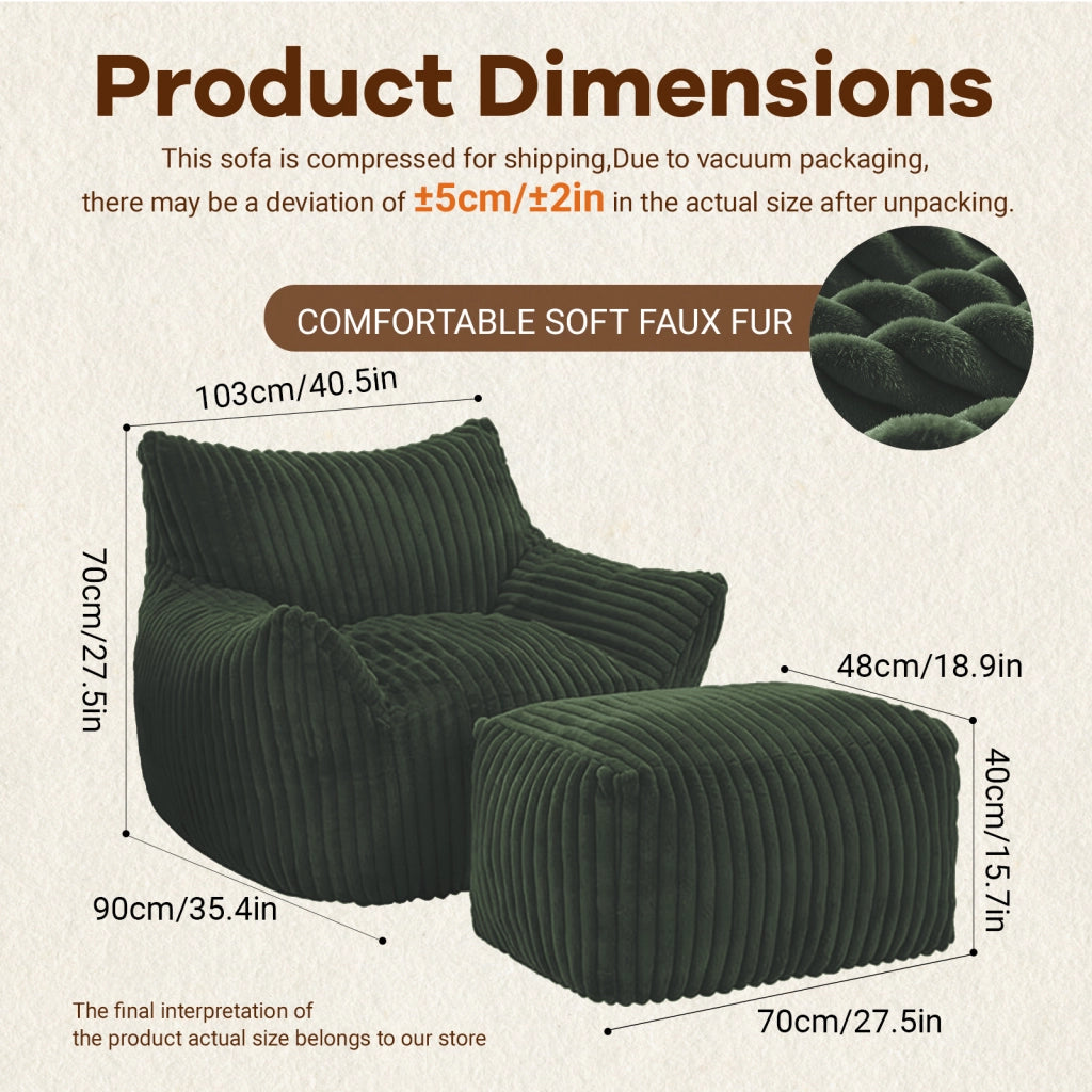 Poltrona ergonomica con pouf coordinato in flanella verde, design salvaspazio per relax