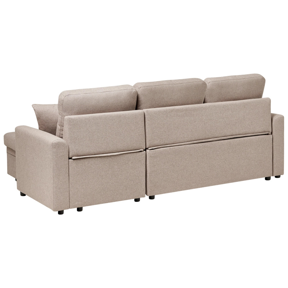Divano letto angolare con contenitore lato sinistro marrone chiaro rivestimento in poliestere effetto lino contenitore cuscini design moderno