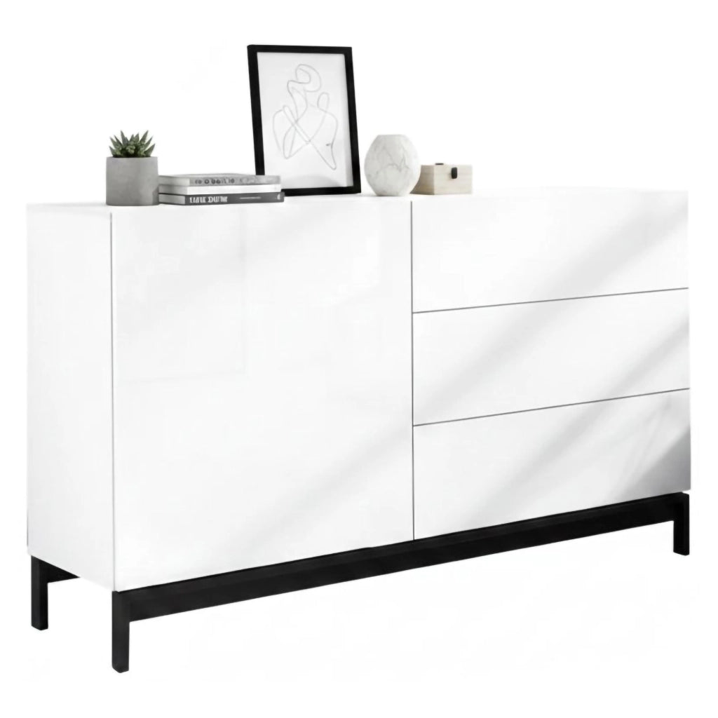 Credenza moderna a 1 anta e 3 Adana, Made in Italy, Madia da cucina, Buffet di design da soggiorno, con piedini, cm 110x40h47, Bianco lucido