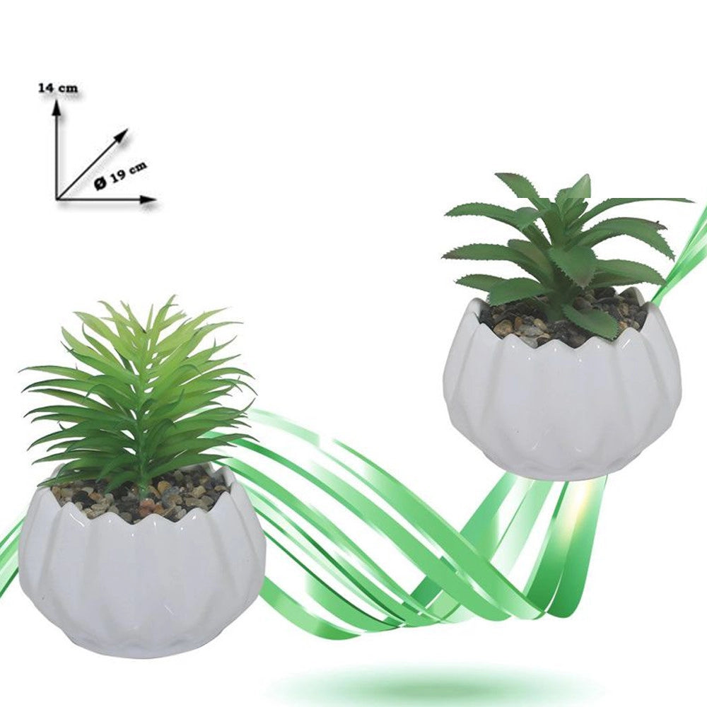 Trade Shop - Vaso In Ceramica Con Piantina Artificiale Pianta Idea Regalo Bomboniera 14x19 Cm -