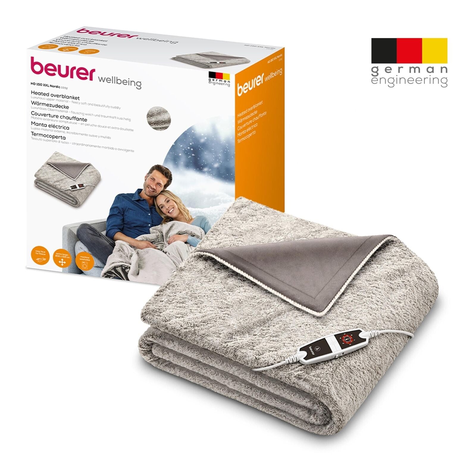 Beurer Coperta riscaldante elettrica nordica HD 150 XXL con spegnimento automatico, 200 x 150 cm, 6 impostazioni di temperatura, lavabile in lavatrice, confortevole fodera in pelliccia