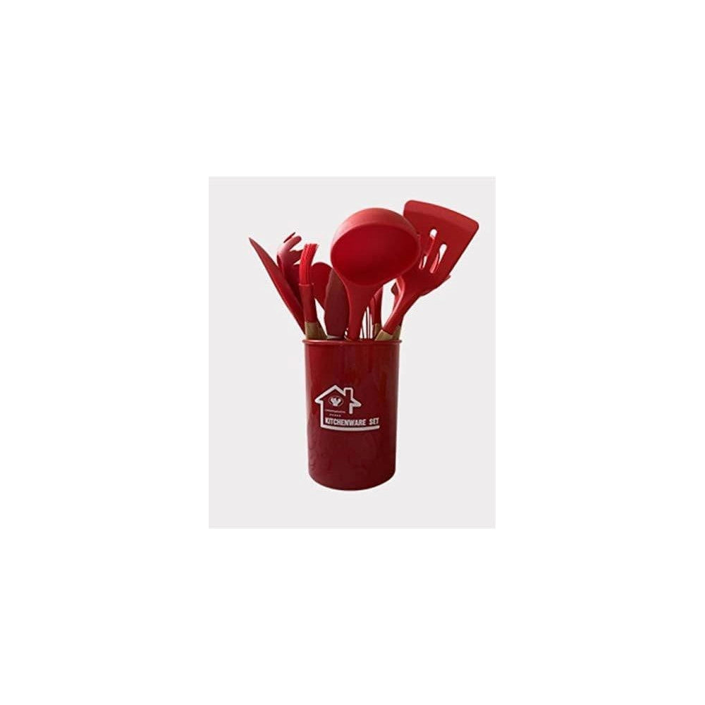 Trade Shop - Set 12 Utensili Da Cucina In Silicone Con Manico Legno Antiaderenti Resistenti -