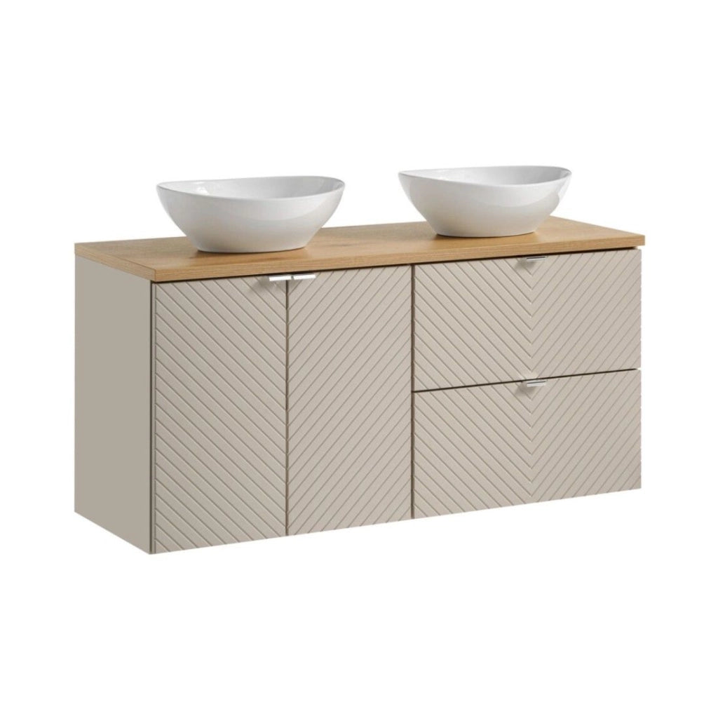 Insieme AOKI: mobile sottolavabo 120cm + piano lavabo in rovere + due lavabi bianchi rotondi da appoggio