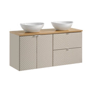 Insieme AOKI: mobile sottolavabo 120cm + piano lavabo in rovere + due lavabi bianchi rotondi da appoggio