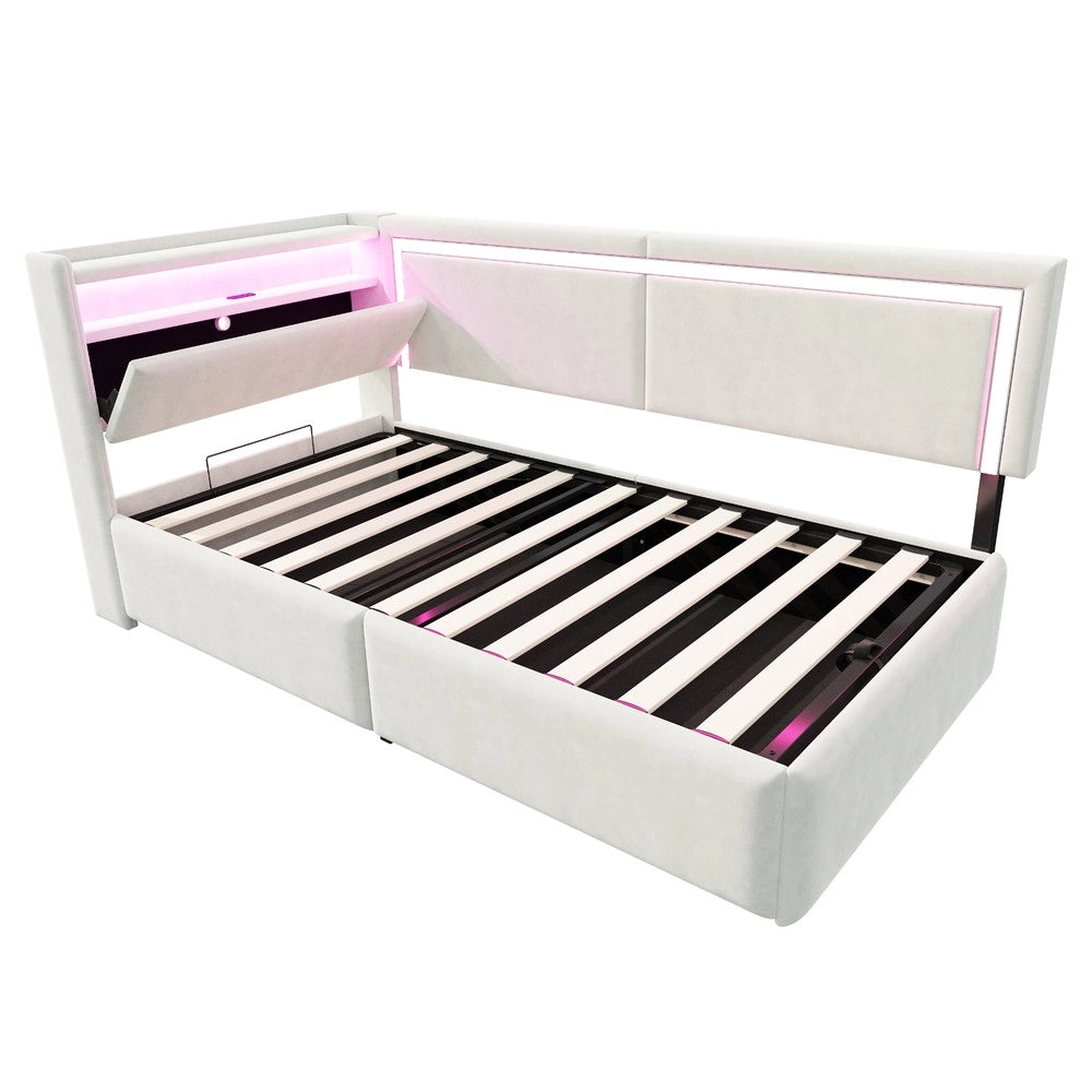 Letto Imbottito Contenitore con LED ¨C Xylo ¨C Velluto Beige 90x200