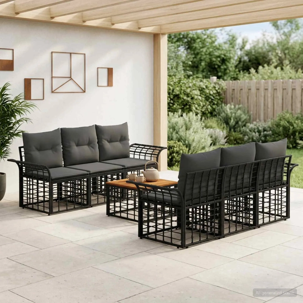 Set di divani da esterno 7 pz Nero e Grigio scuro polyrattan 3437643