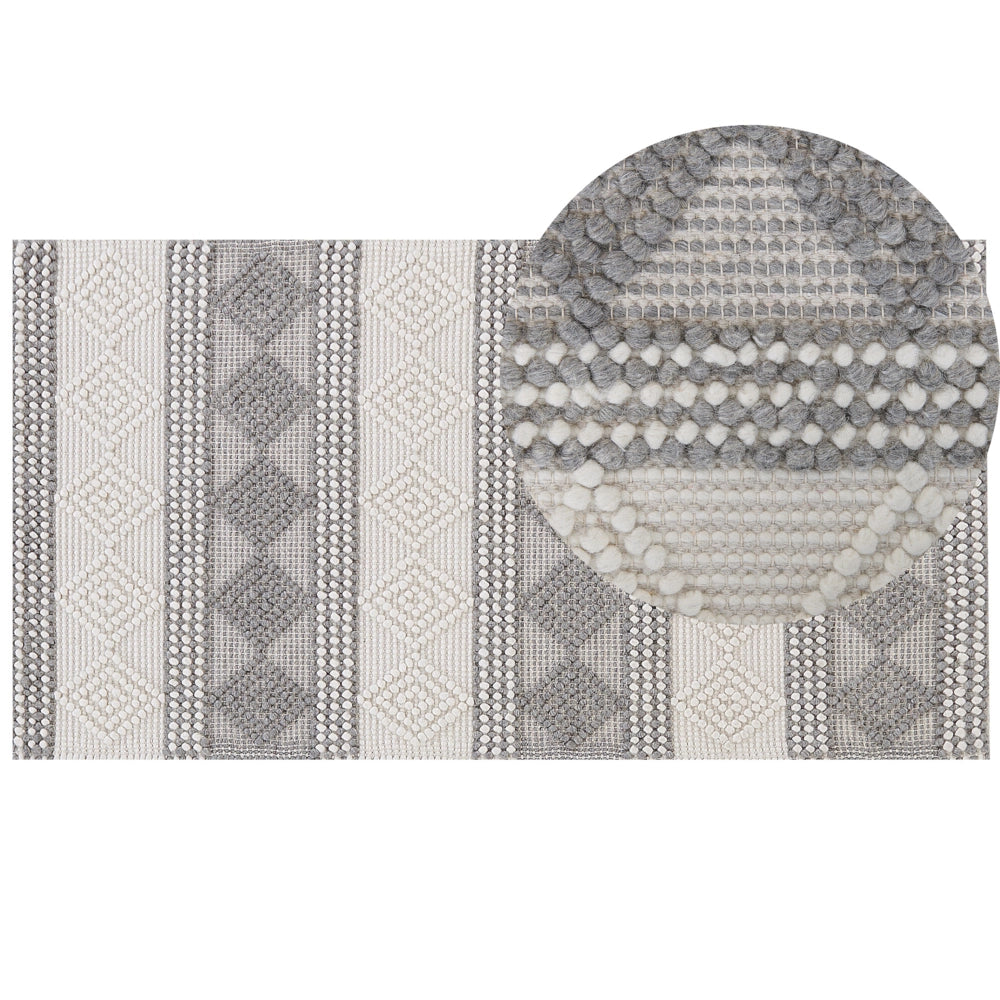 Tappeto in lana beige chiaro e grigio poliestere 80 x 150 cm intrecciato a mano motivo geometrico boho soggiorno camera da letto