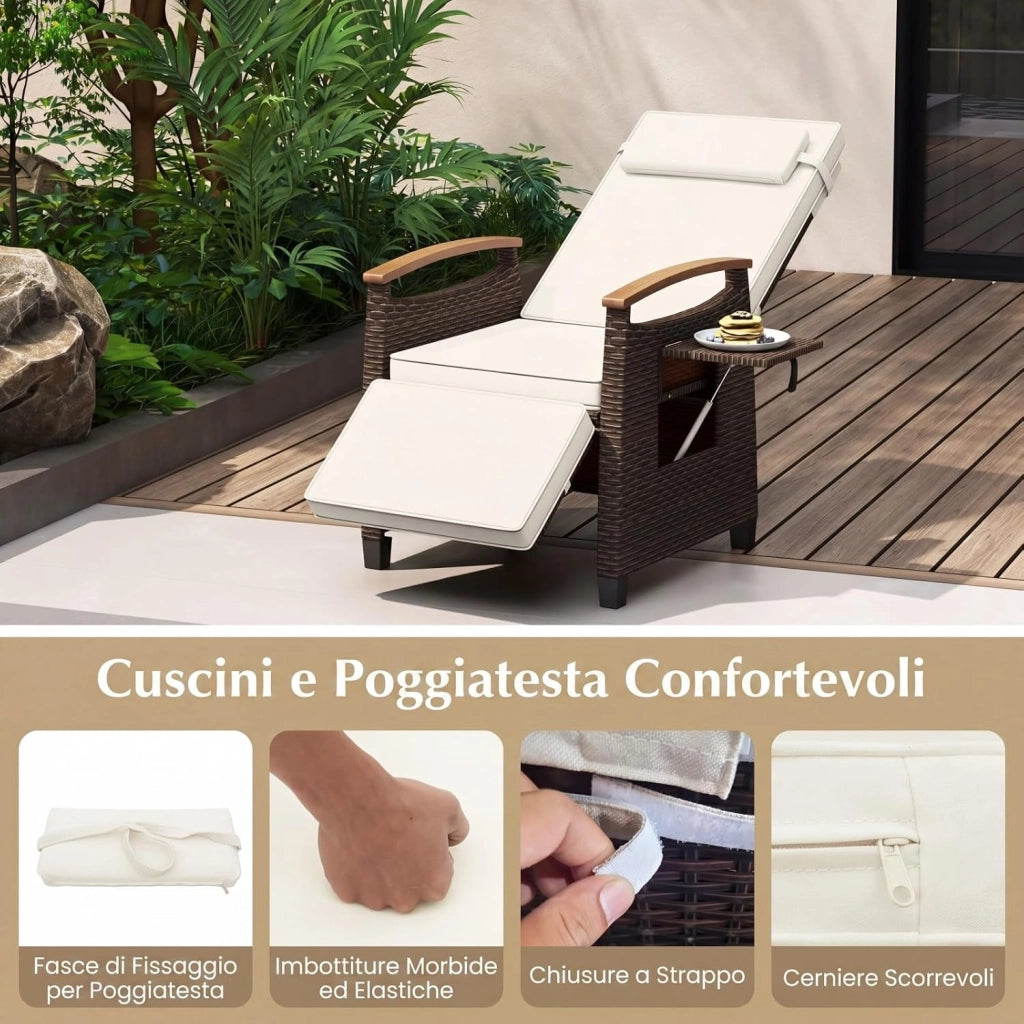 Poltrona Reclinabile da Giardino, Sedia Relax Esterno in Rattan con Schienale Regolabile a 150°, Poggiapiedi e Tavolino Pieghevole, Portata 180 kg, per Patio, Cortile e Terrazzo (Bianco,1)