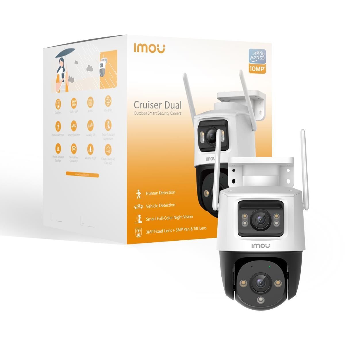 Imou Crusier DUAL 10MP (5MP+5MP) Telecamera Wi-Fi Esterno Doppio Obiettivo, 360°PTZ Videocamera Sorveglianza Esterno con Visione Notturna a Colori, Rilevamento Umano/Veicoli, IP66, Tracciamento Intelligente, 2,4ghz