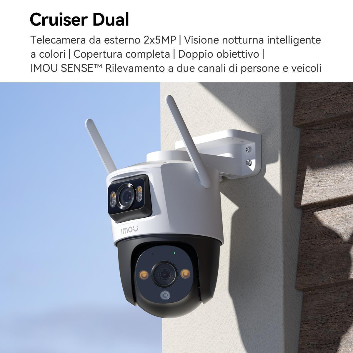 Imou Crusier DUAL 10MP (5MP+5MP) Telecamera Wi-Fi Esterno Doppio Obiettivo, 360°PTZ Videocamera Sorveglianza Esterno con Visione Notturna a Colori, Rilevamento Umano/Veicoli, IP66, Tracciamento Intelligente, 2,4ghz
