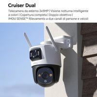 Imou Crusier DUAL 10MP (5MP+5MP) Telecamera Wi-Fi Esterno Doppio Obiettivo, 360°PTZ Videocamera Sorveglianza Esterno con Visione Notturna a Colori, Rilevamento Umano/Veicoli, IP66, Tracciamento Intelligente, 2,4ghz