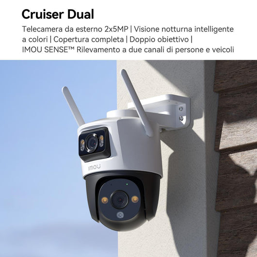 Imou Crusier DUAL 10MP (5MP+5MP) Telecamera Wi-Fi Esterno Doppio Obiettivo, 360°PTZ Videocamera Sorveglianza Esterno con Visione Notturna a Colori, Rilevamento Umano/Veicoli, IP66, Tracciamento Intelligente, 2,4ghz