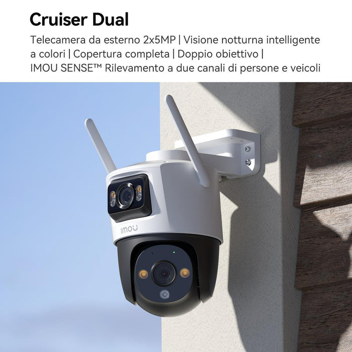 Imou Crusier DUAL 10MP (5MP+5MP) Telecamera Wi-Fi Esterno Doppio Obiettivo, 360°PTZ Videocamera Sorveglianza Esterno con Visione Notturna a Colori, Rilevamento Umano/Veicoli, IP66, Tracciamento Intelligente, 2,4ghz