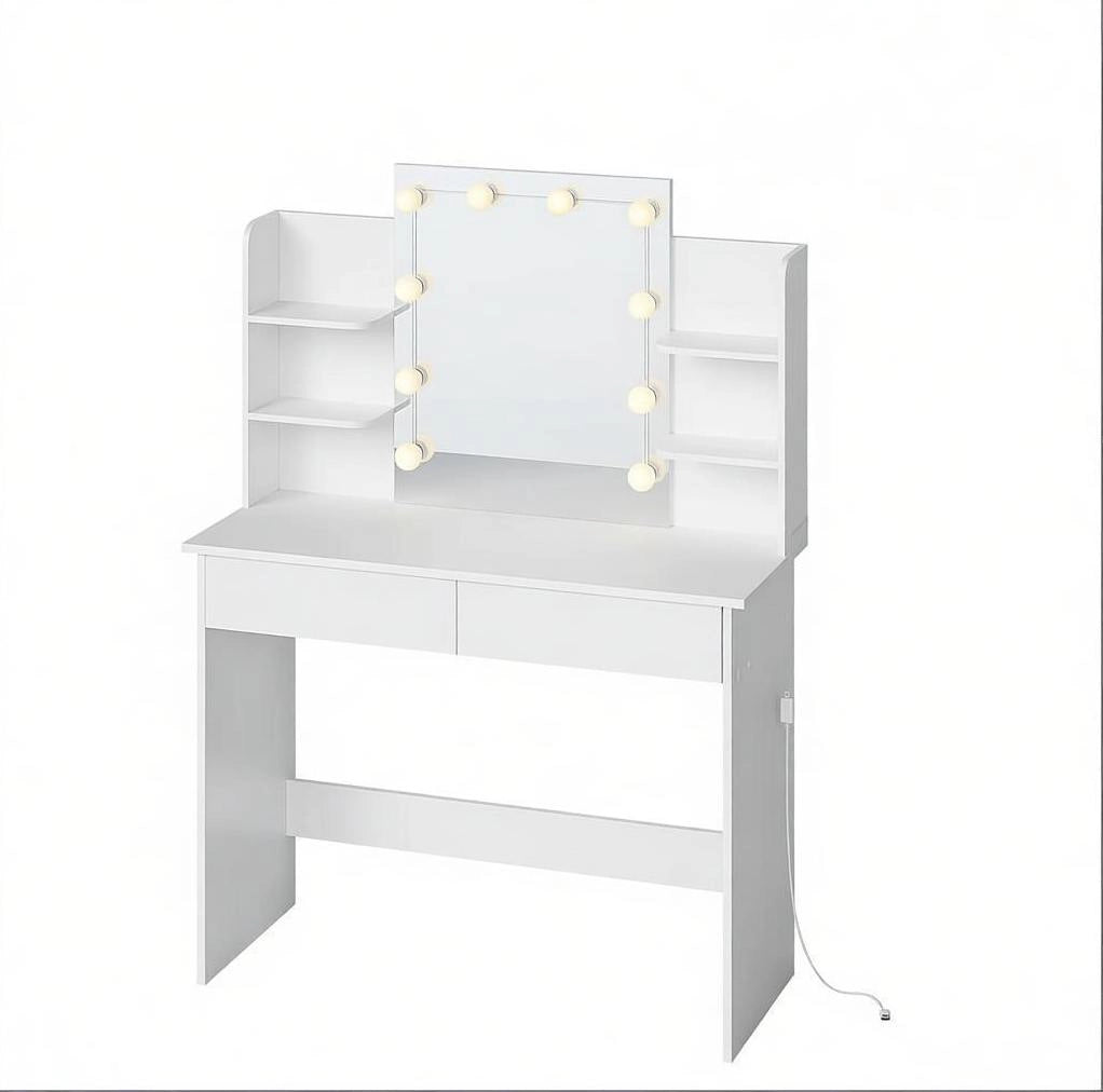 Toeletta bianca con specchio LED, 2 cassetti e 4 ripiani