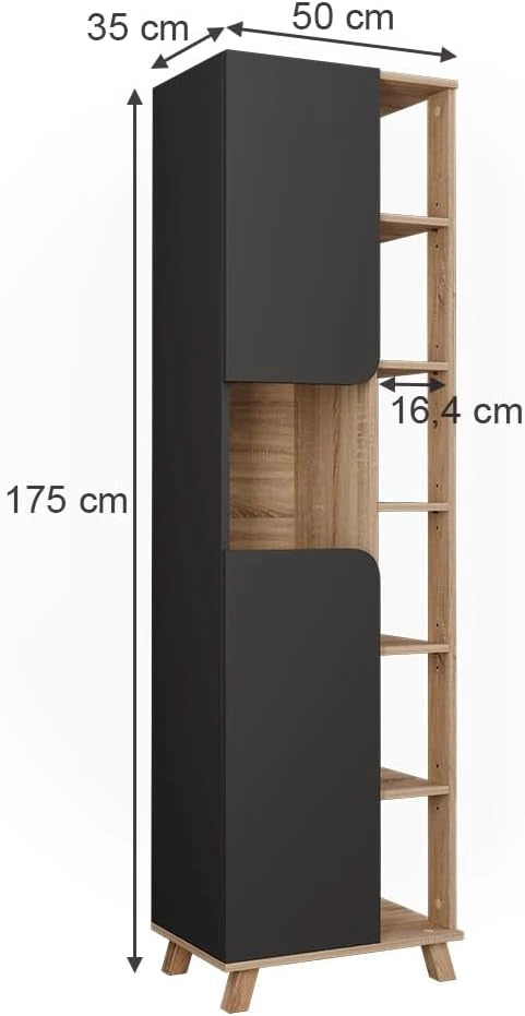 Mobile alto Karen, Sonoma/antracite, 50 x 175 cm con 2 porte, per la conservazione di articoli da bagno e asciugamani