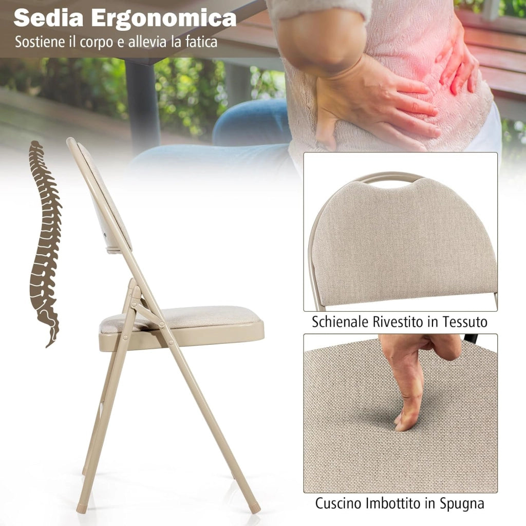 Set di 4 Sedie Pieghevoli, Sedie da Pranzo con Seduta Imbottita e Schienale Rivestito in Tessuto, con Gambe in Metallo, Sedia Portatile per Soggioro, Ufficio, Portata 120 kg (Beige)