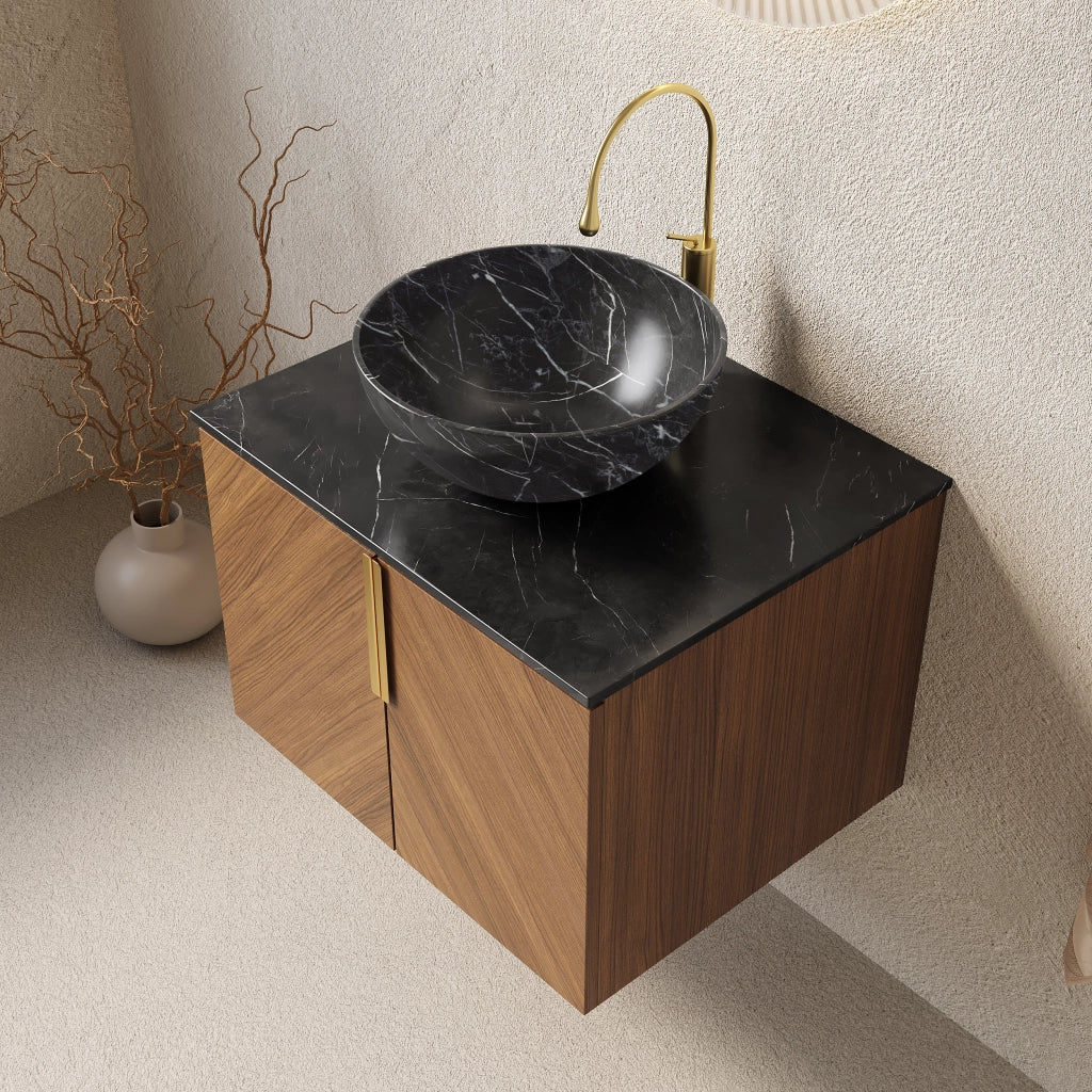 Mobile sottolavabo da bagno con lavabo in ceramica nero, 2 ante e piano in pietra sinterizzata, per bagno