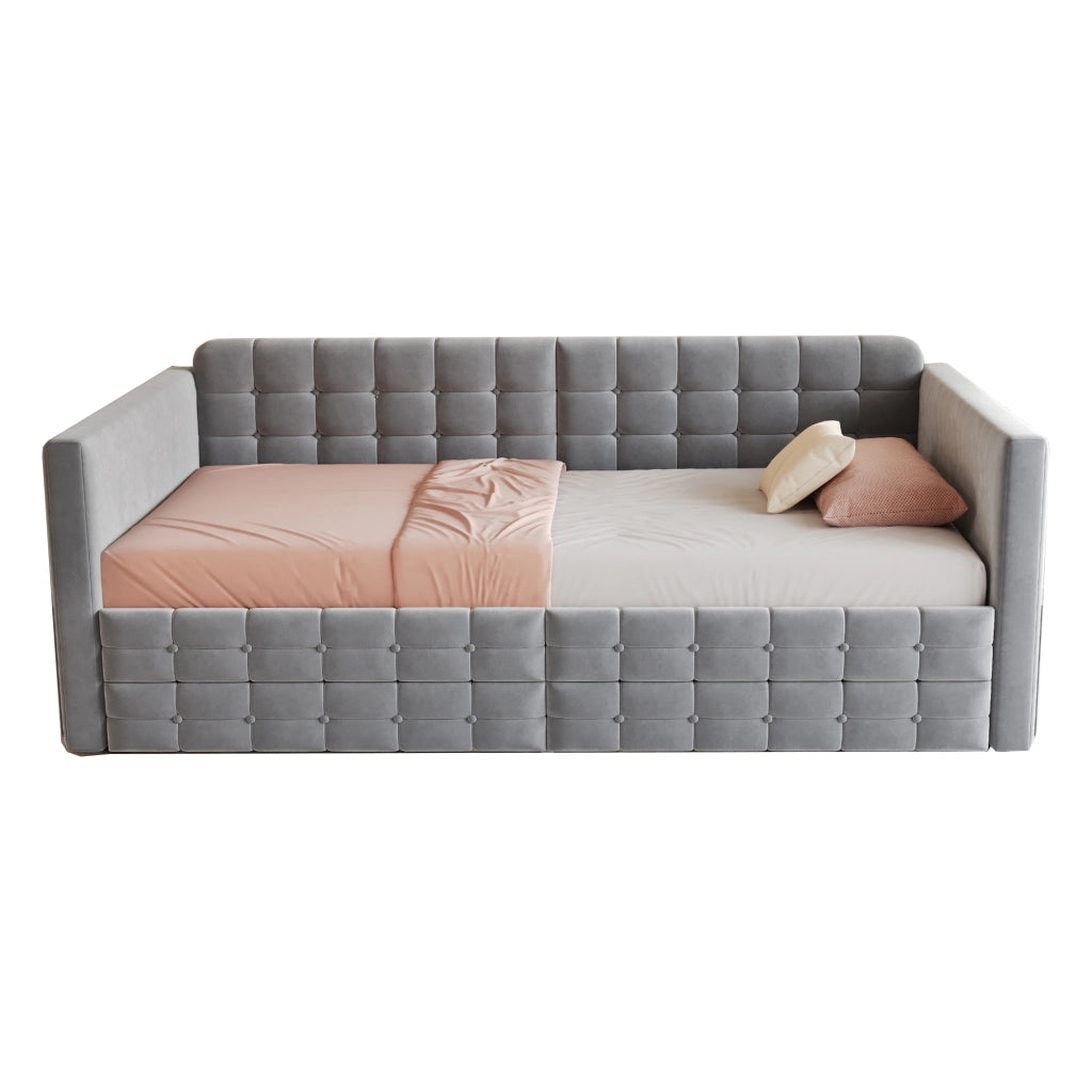 Letto imbottito 90x190 cm grigio con contenitore, tasche laterali, 2 cassetti e rete a doghe